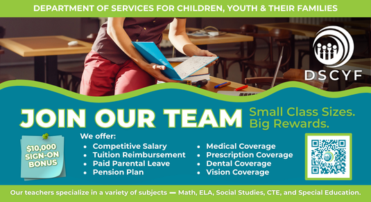 Department of Services for Children, Youth and Their Families offering a $10,000 Sign-on Bonus