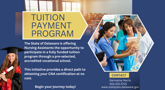 Tuition Payment Program: Get your CNA certification fully funded through a pre-selected, accredited vocational school.
